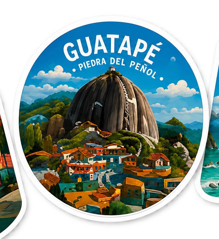 Sticker ilustrado de Guatapé y la Piedra del Peñol